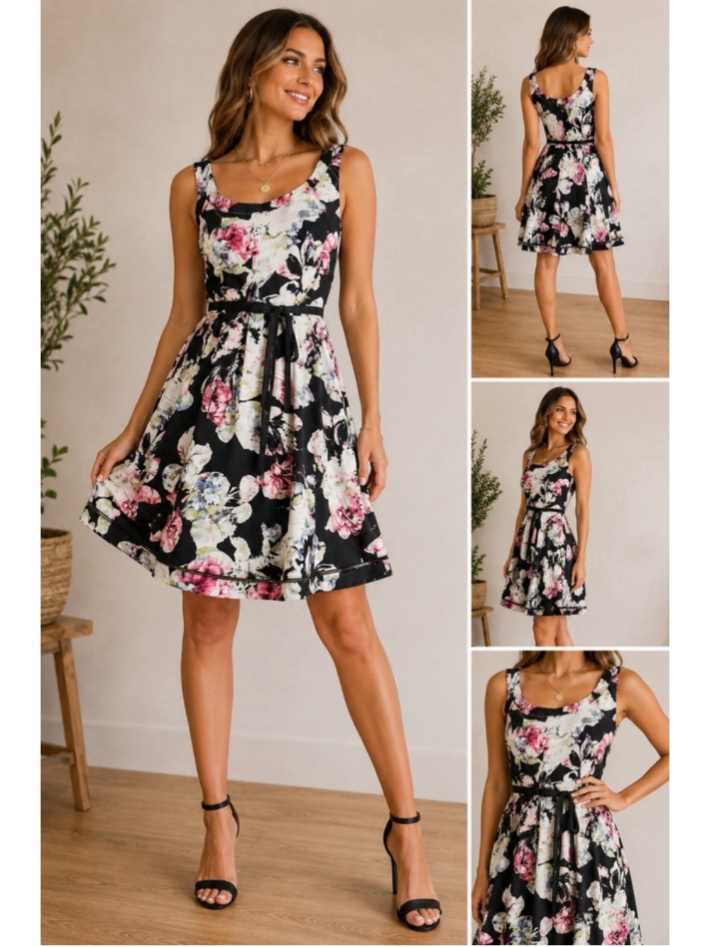 White House Black Market Women's Sz 14Fit & Flare Black Floral Formal Dress